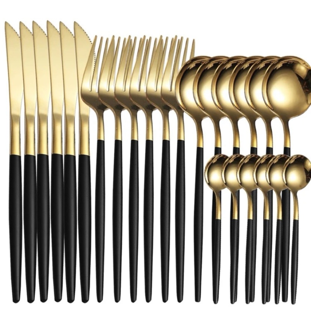 24 Piece Silverware Dinnerware Cutlery Set Black Gold Stainless Steel Elegant